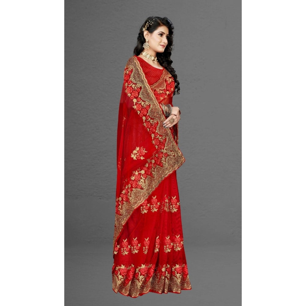 Clasymist Women's Net Saree With Blouse (Red, 5-6Mtrs)