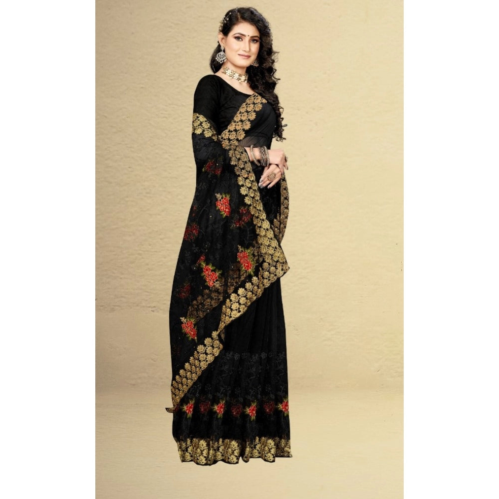 Clasymist Women's Net Saree With Blouse (Black, 5-6Mtrs)