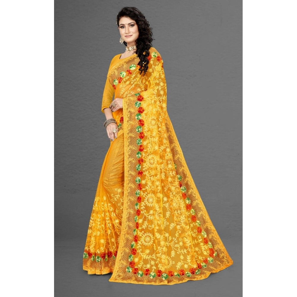 Clasymist Women's Net Saree With Blouse (Yellow, 5-6Mtrs)