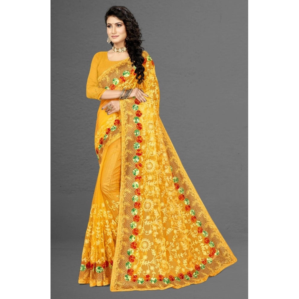 Clasymist Women's Net Saree With Blouse (Yellow, 5-6Mtrs)