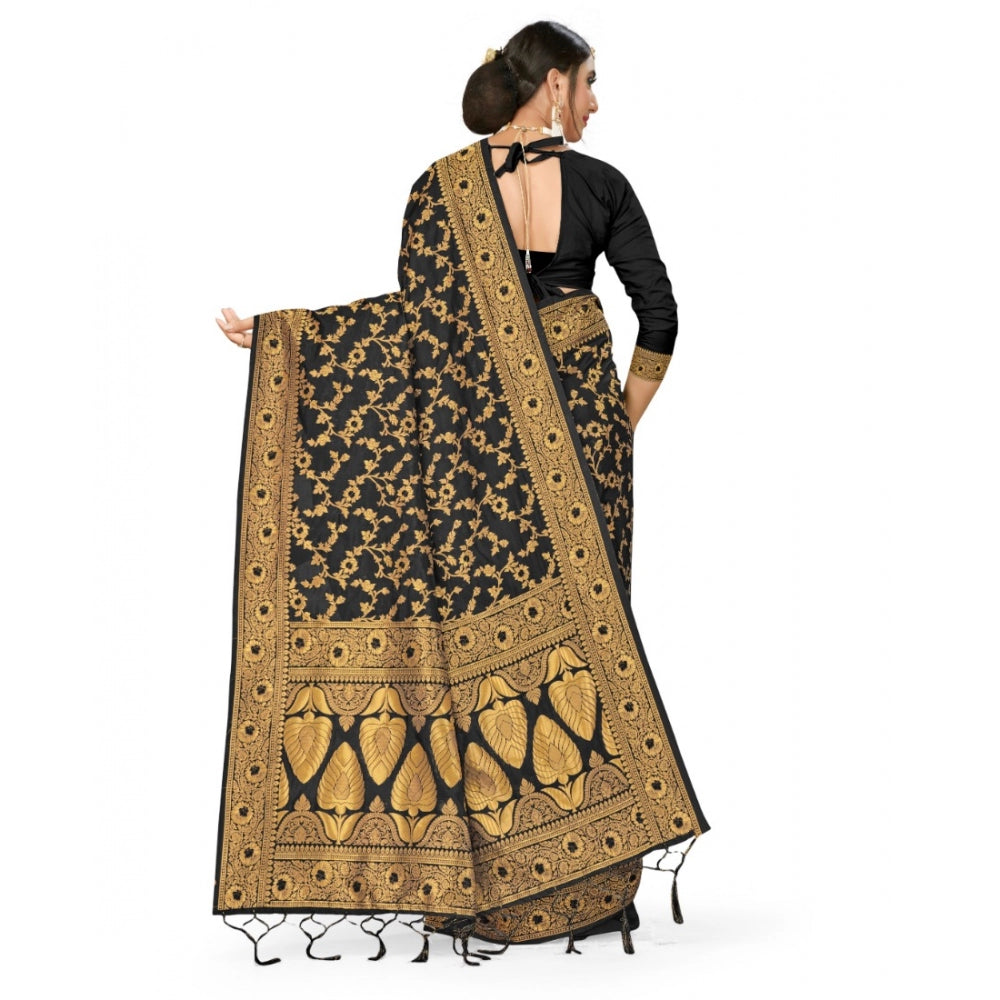 Clasymist Women's Banarasi Silk Saree With Blouse (Black, 5-6Mtrs)