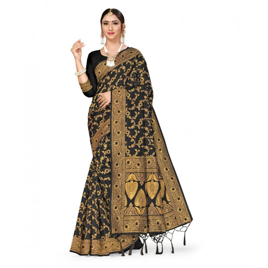 Clasymist Women's Banarasi Silk Saree With Blouse (Black, 5-6Mtrs)