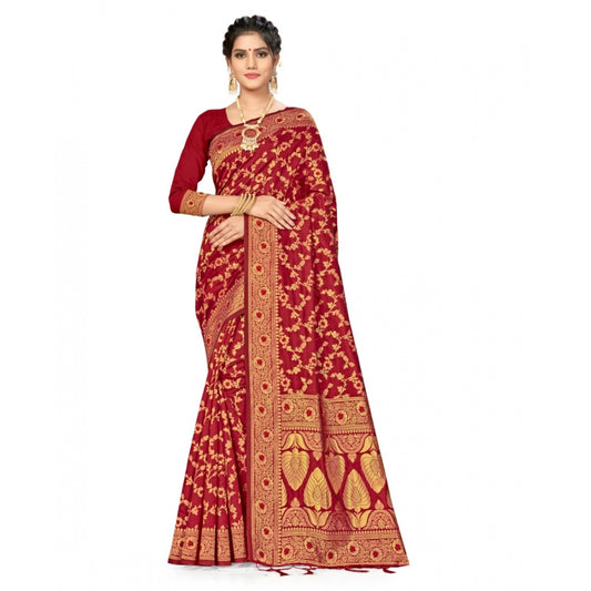 Clasymist Women's Banarasi Silk Saree With Blouse (Maroon, 5-6Mtrs)