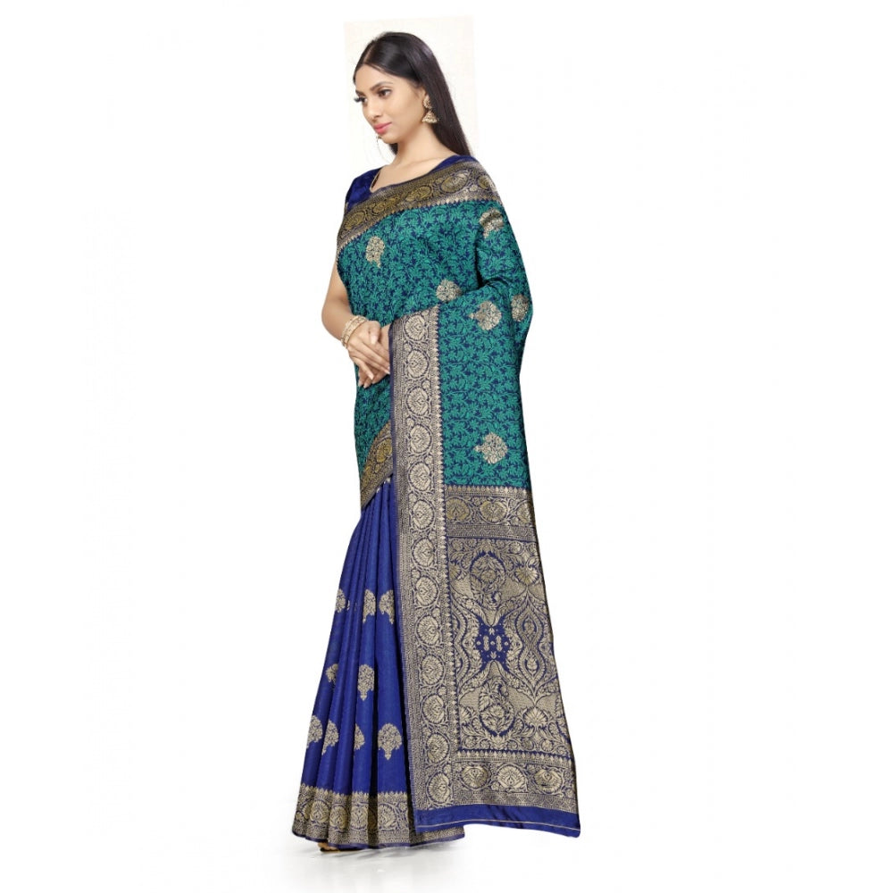 Clasymist Women's Banarasi Silk Saree With Blouse (Navy Blue, Rama, 5-6Mtrs)