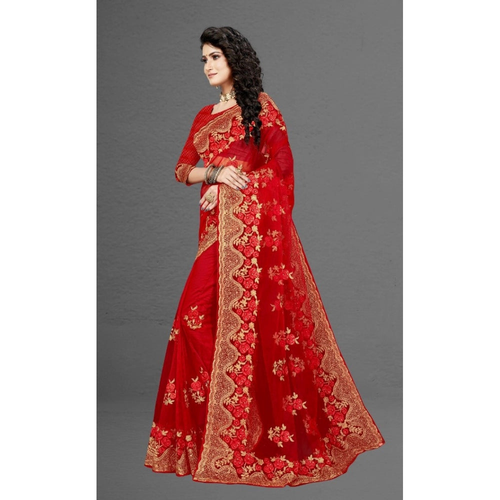 Clasymist Women's Net Saree With Blouse (Red, 5-6Mtrs)