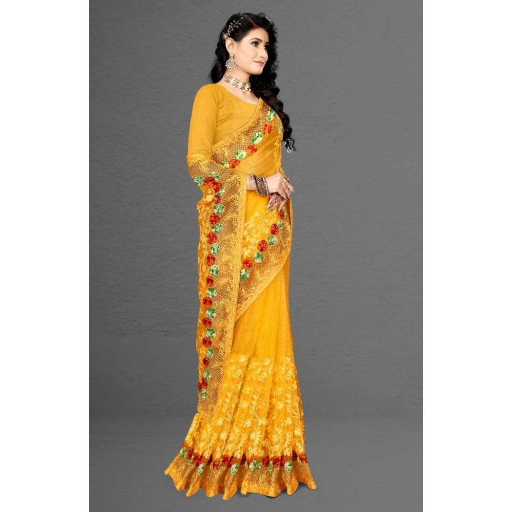 Clasymist Women's Net Saree With Blouse (Yellow, 5-6Mtrs)