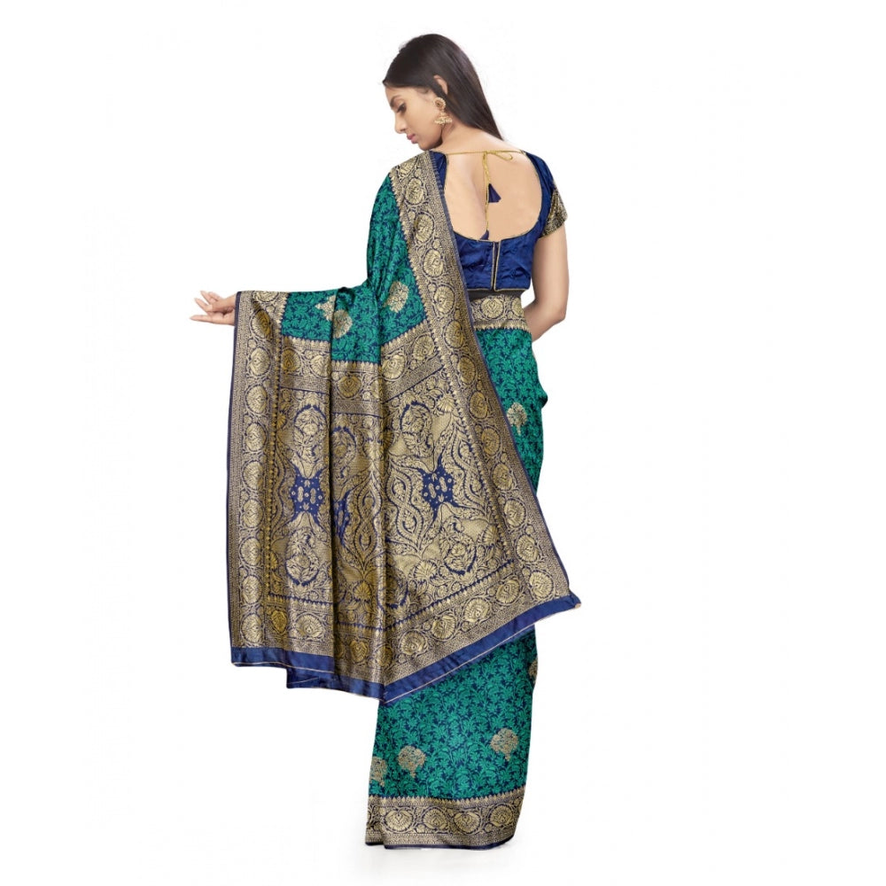 Clasymist Women's Banarasi Silk Saree With Blouse (Navy Blue, Rama, 5-6Mtrs)