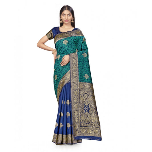 Clasymist Women's Banarasi Silk Saree With Blouse (Navy Blue, Rama, 5-6Mtrs)