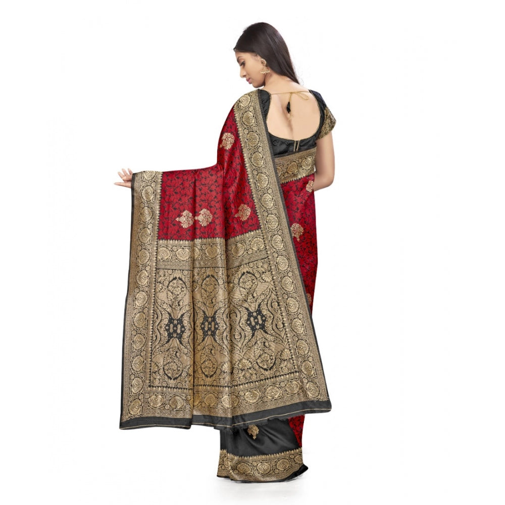 Clasymist Women's Banarasi Silk Saree With Blouse (Black, Red, 5-6Mtrs)