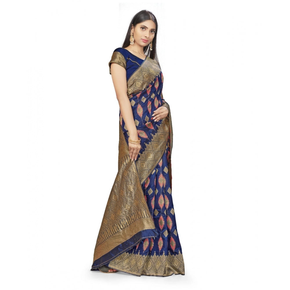 Clasymist Women's Banarasi Silk Saree With Blouse (Navy Blue, 5-6Mtrs)