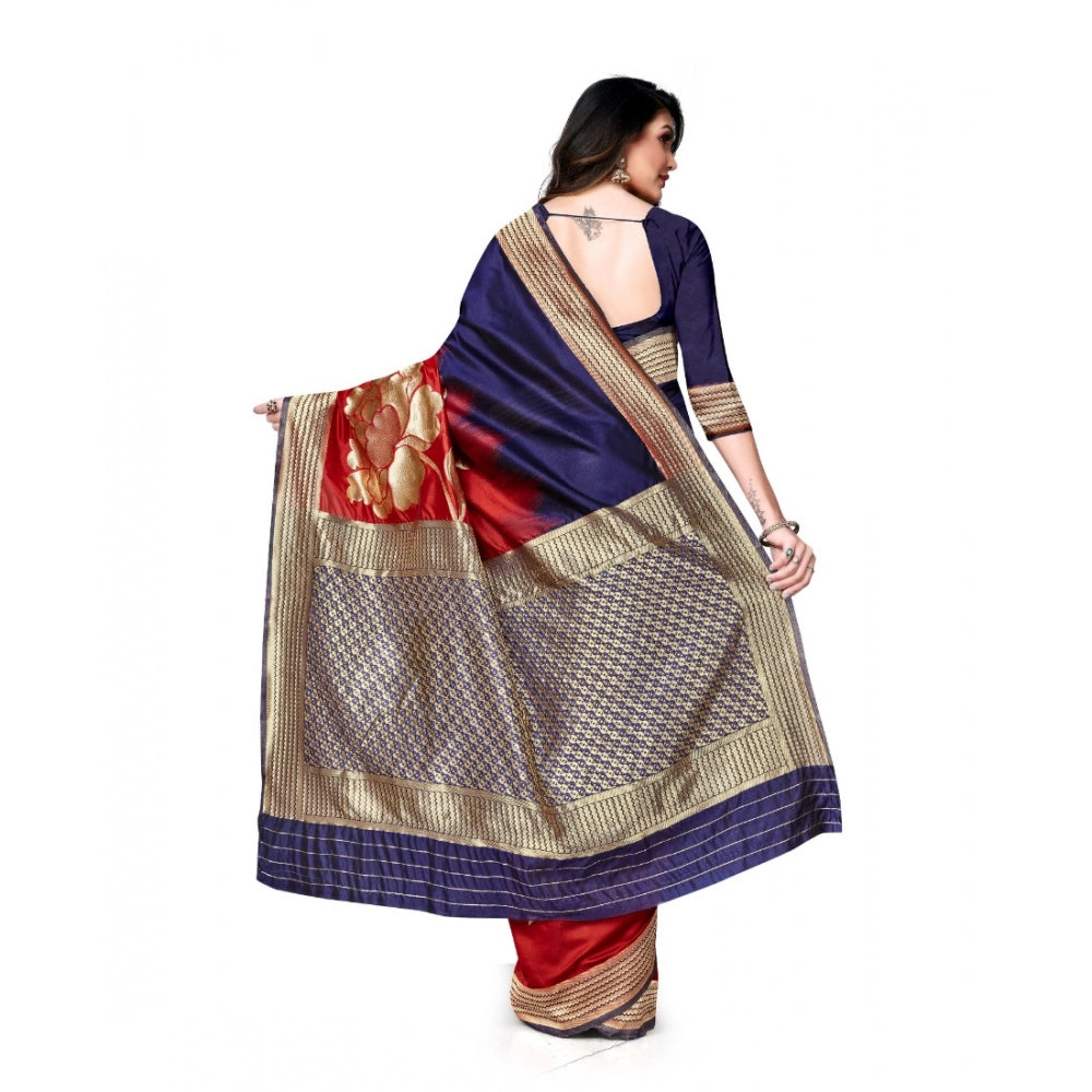 Clasymist Women's Banarasi Silk Saree With Blouse (Navy Blue, Red, 5-6Mtrs)