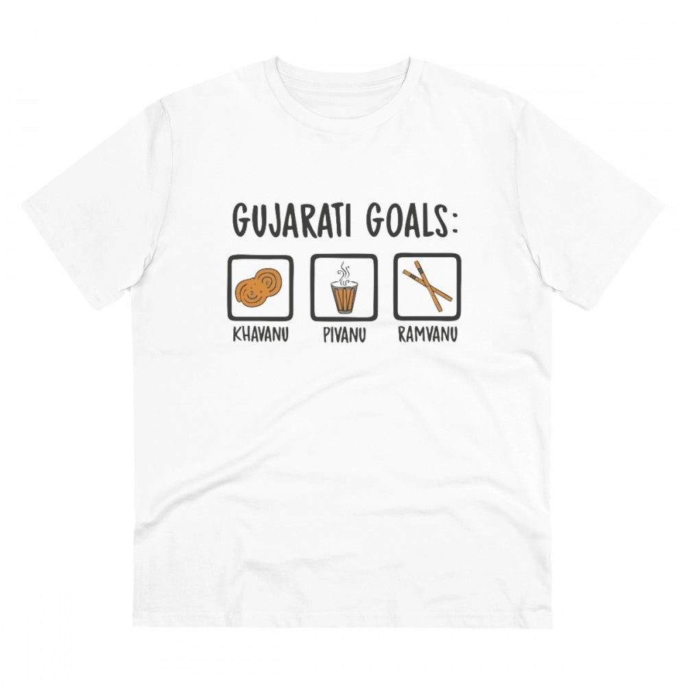 Clasymist Men's PC Cotton Gujarati Goals Printed T Shirt (Color: White, Thread Count: 180GSM)