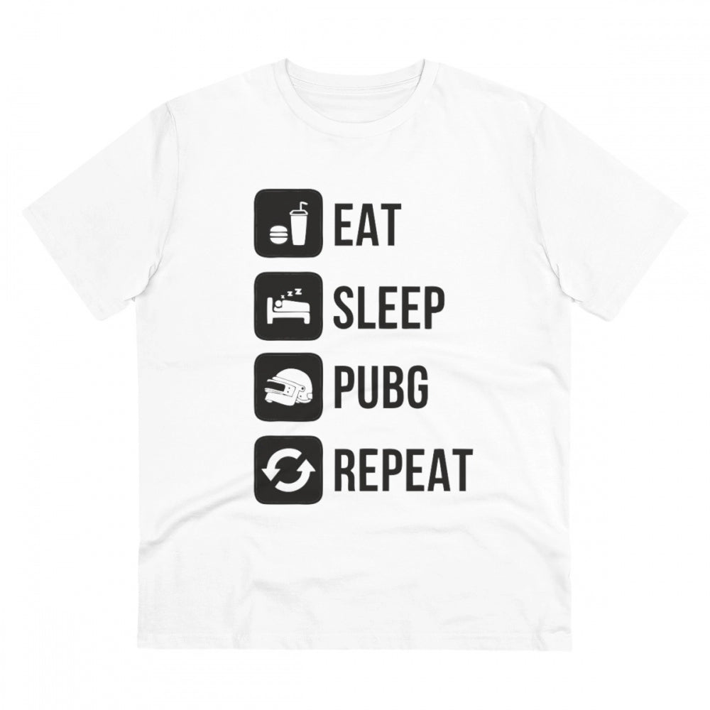 Clasymist Men's PC Cotton Eat Sleep Pubg Repeat Printed T Shirt (Color: White, Thread Count: 180GSM)