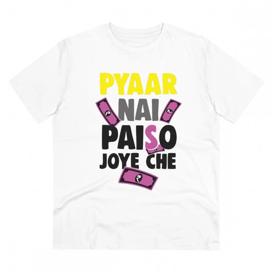 Clasymist Men's PC Cotton Pyaar Nay Paisa Joy Che Printed T Shirt (Color: White, Thread Count: 180GSM)