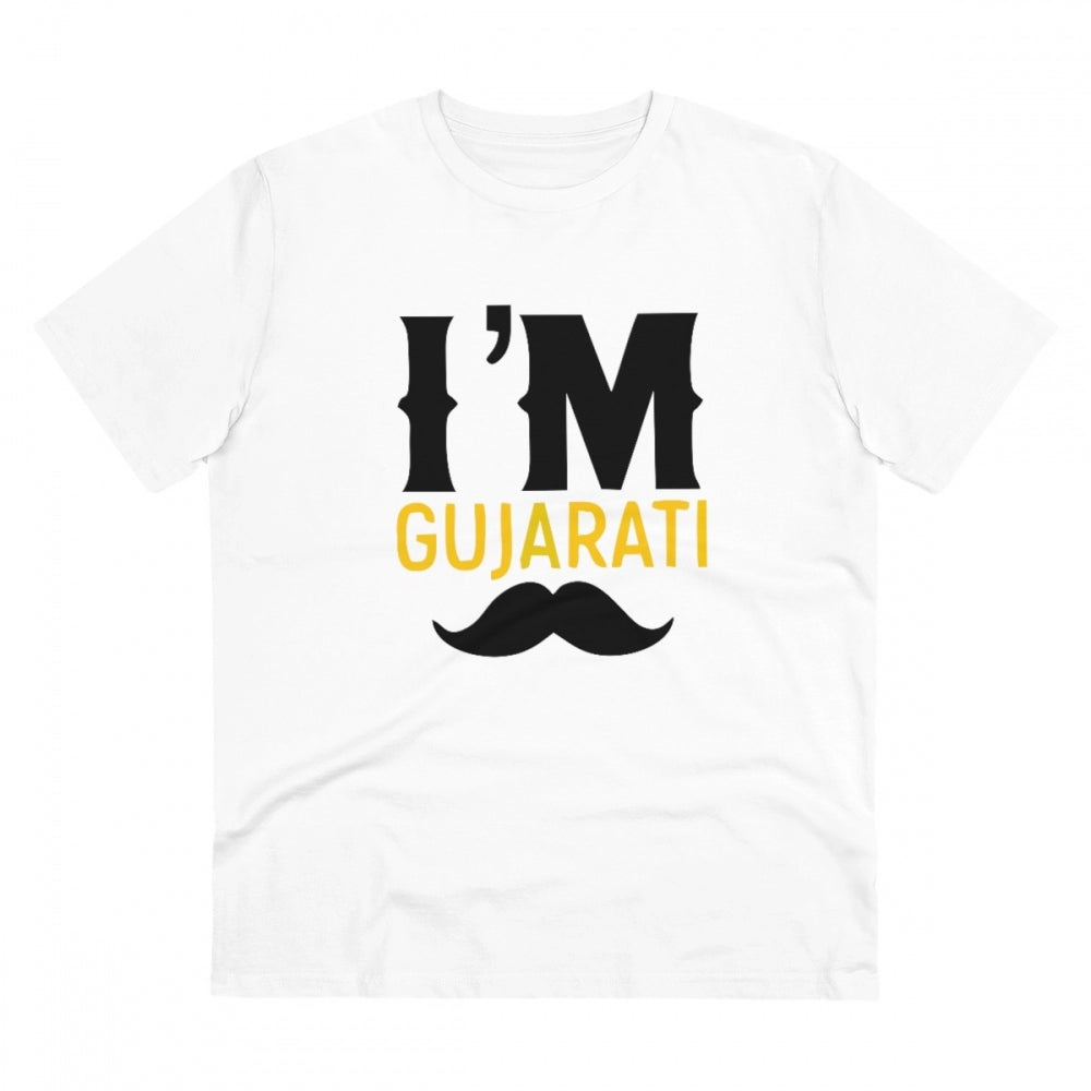 Clasymist Men's PC Cotton I Am Gujarati Printed T Shirt (Color: White, Thread Count: 180GSM)