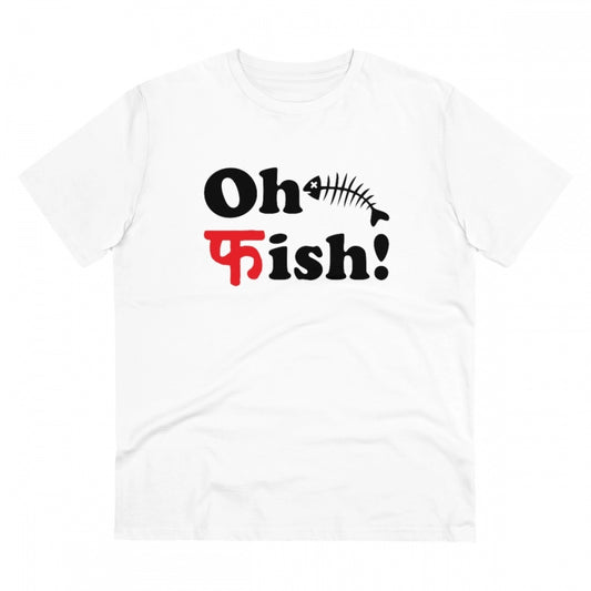 Clasymist Men's PC Cotton Oh Fish Printed T Shirt (Color: White, Thread Count: 180GSM)