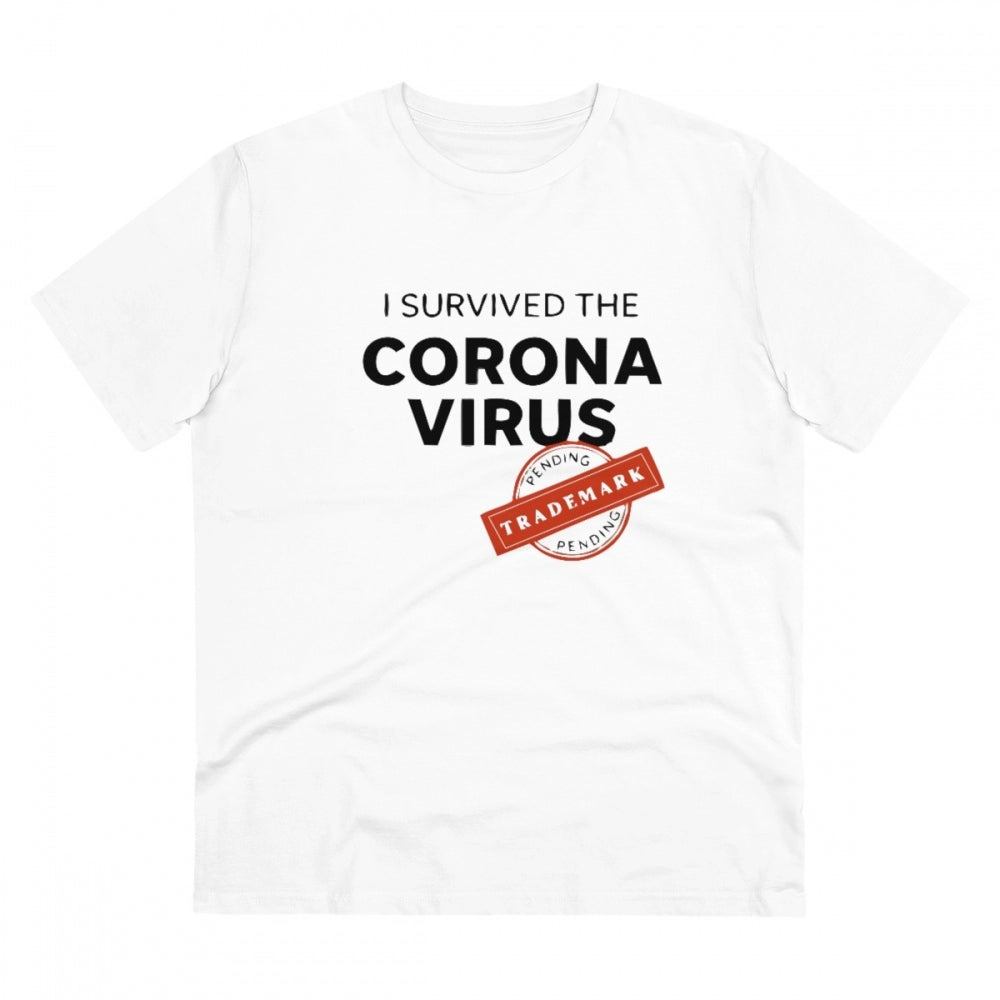 Clasymist Men's PC Cotton I Survived Corona Virus Printed T Shirt (Color: White, Thread Count: 180GSM)