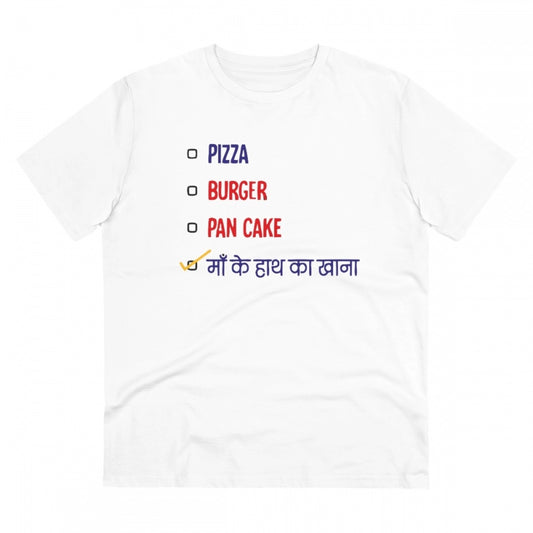 Clasymist Men's PC Cotton Pizza Burger Pan Cake Maa Ke Hath Ka Khana Printed T Shirt (Color: White, Thread Count: 180GSM)