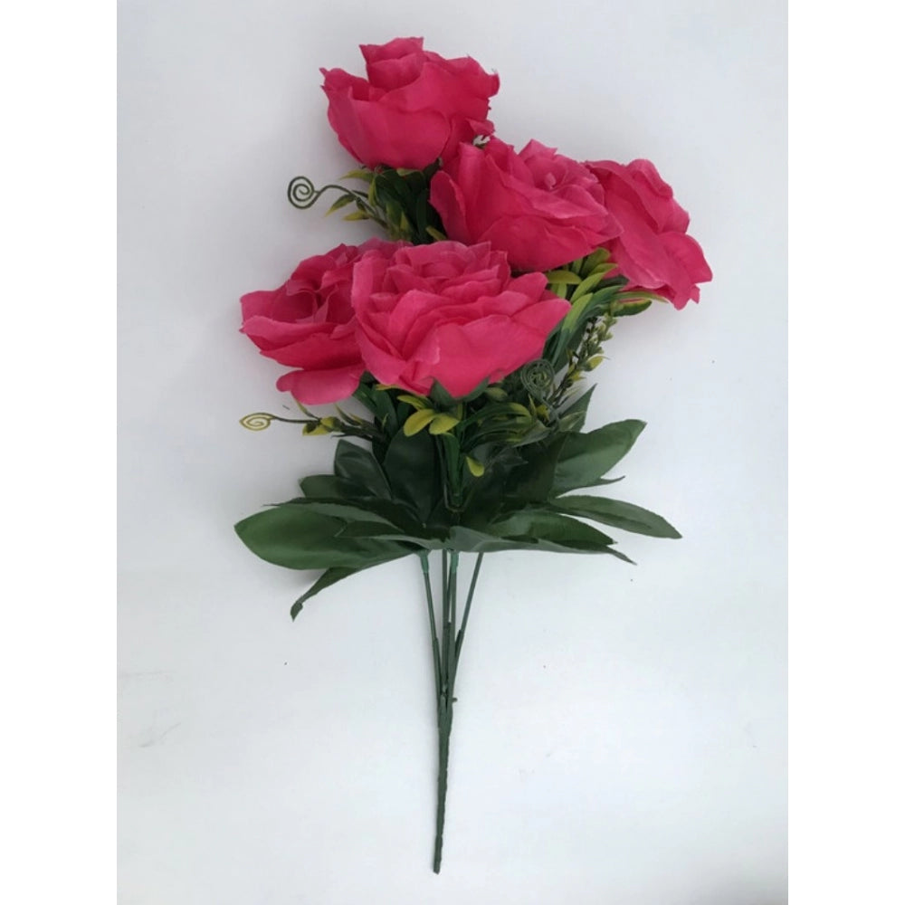 Clasymist Artificial Flowers Bunch Bouquet Of 5 Roses For Home Decoration (Dark Pink, Material:Silk, Polyester)