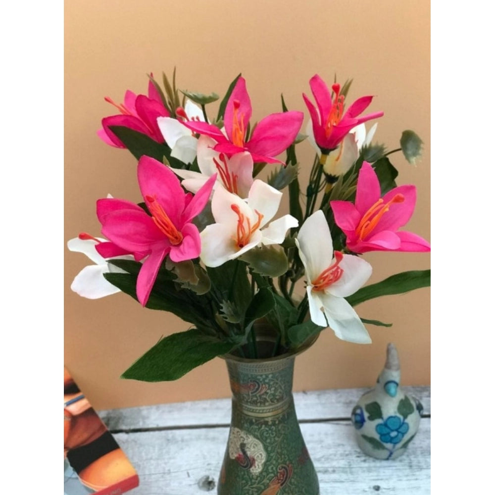 Clasymist Artificial Flowers Bunch Bouquet Oflily Flowers For Home Decoration (Pink And White, Material:Silk, Polyester)