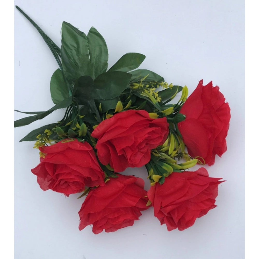 Clasymist Artificial Flowers Bunch Bouquet Of 5 Roses For Home Decoration (Red, Material:Silk, Polyester)