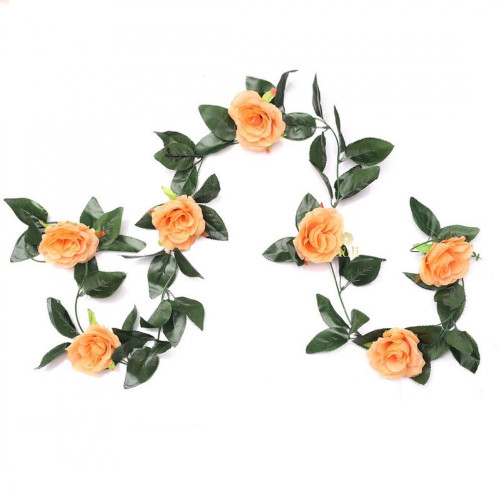 Clasymist Artificial Rose Vine Flowers With Green Leaves For Home Party Garden Wall Decoration (Peach, Material:Silk, Polyester)