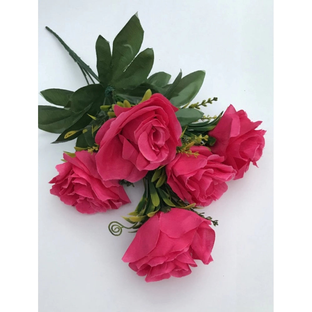 Clasymist Artificial Flowers Bunch Bouquet Of 5 Roses For Home Decoration (Dark Pink, Material:Silk, Polyester)