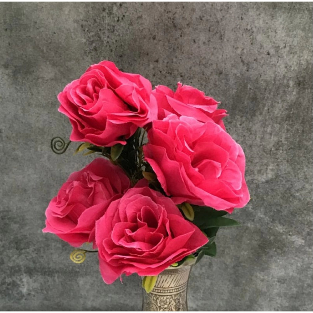 Clasymist Artificial Flowers Bunch Bouquet Of 5 Roses For Home Decoration (Dark Pink, Material:Silk, Polyester)