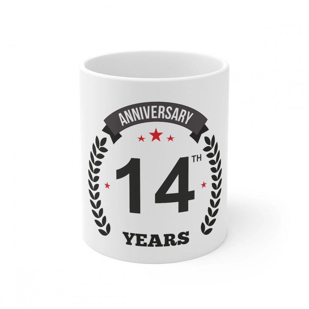 Clasymist Ceramic 14th Anniversary Printed Coffee Mug (Color: White, Capacity:330ml)