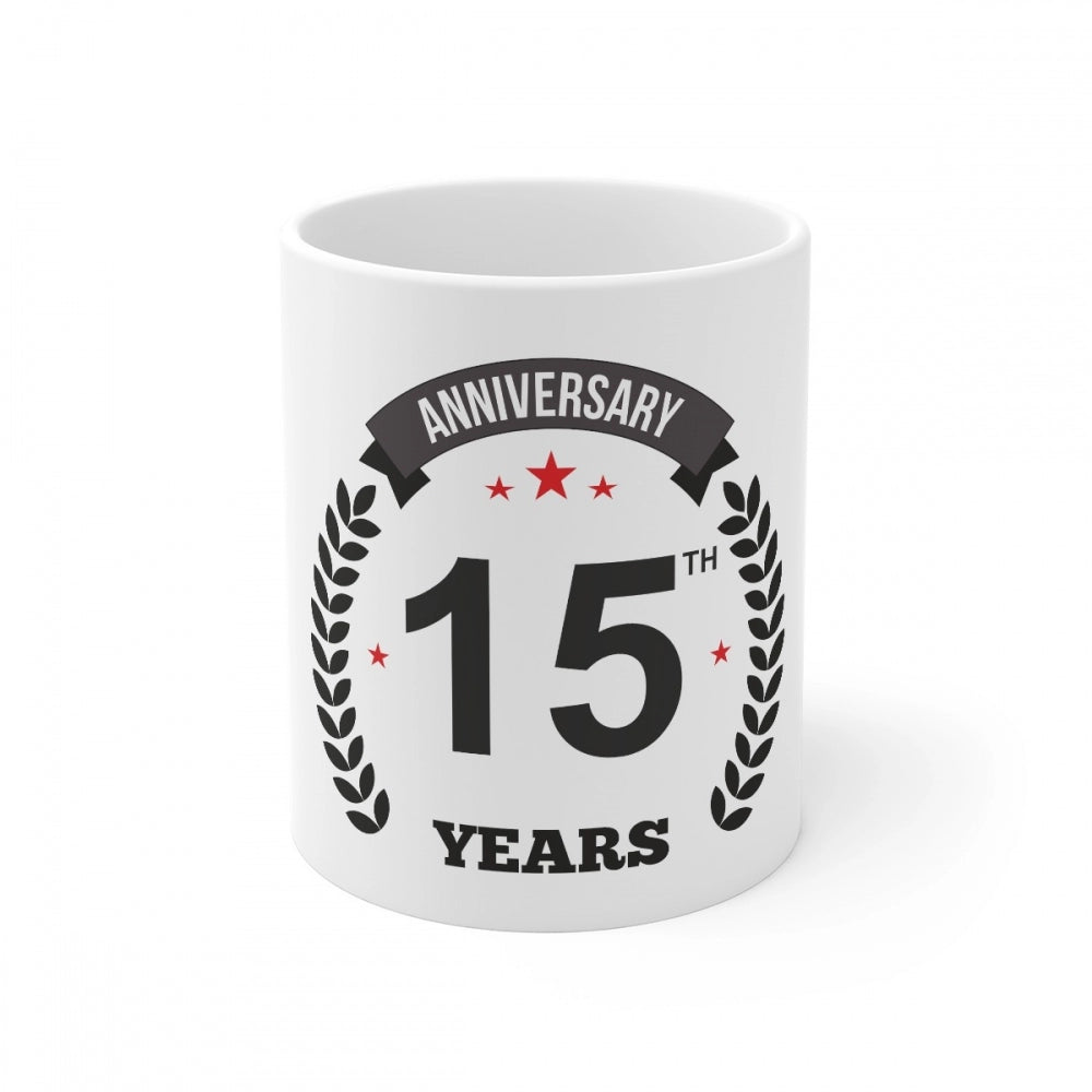 Clasymist Ceramic 15th Anniversary Printed Coffee Mug (Color: White, Capacity:330ml)