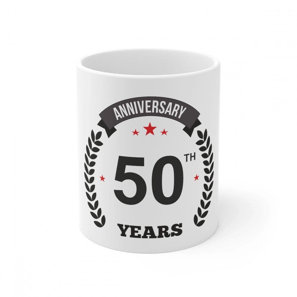 Clasymist Ceramic 50th Anniversary Printed Coffee Mug (Color: White, Capacity:330ml)