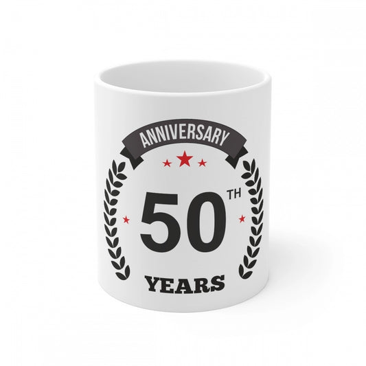 Clasymist Ceramic 50th Anniversary Printed Coffee Mug (Color: White, Capacity:330ml)