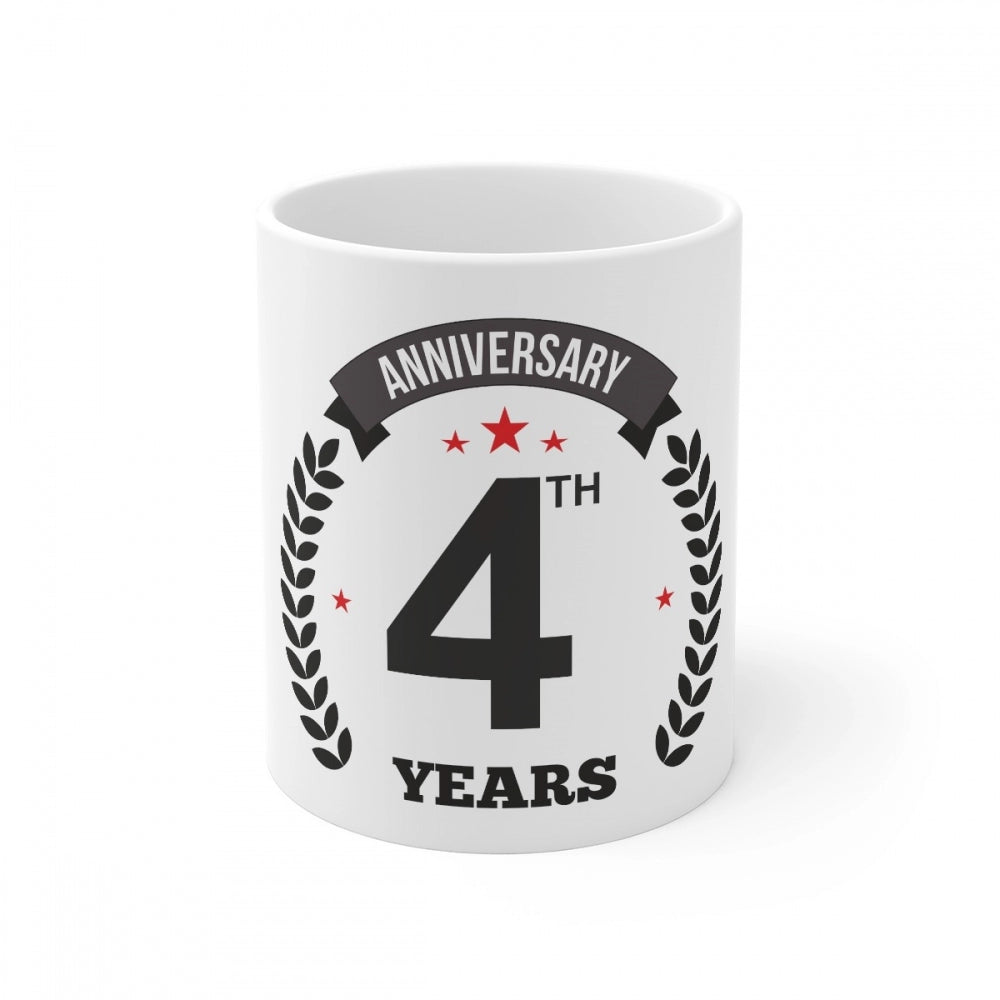 Clasymist Ceramic 4th Anniversary Printed Coffee Mug (Color: White, Capacity:330ml)