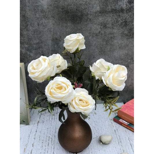 Clasymist Artificial Flowers Bunch Bouquet Of 5 Vintage Garden Roses For Home Decoration (White, Material:Silk, Polyester)