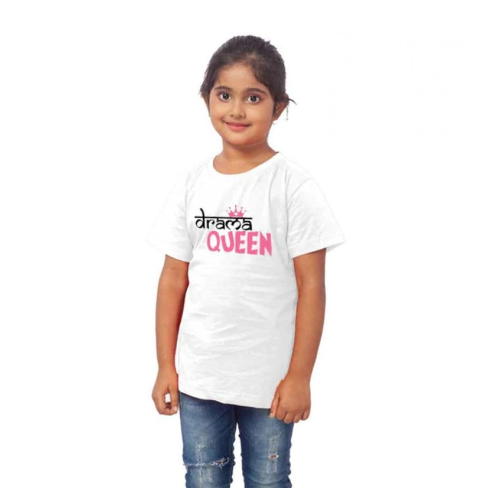 Clasymist Girls Cotton Drama Queen Half Sleeve TShirt (White)