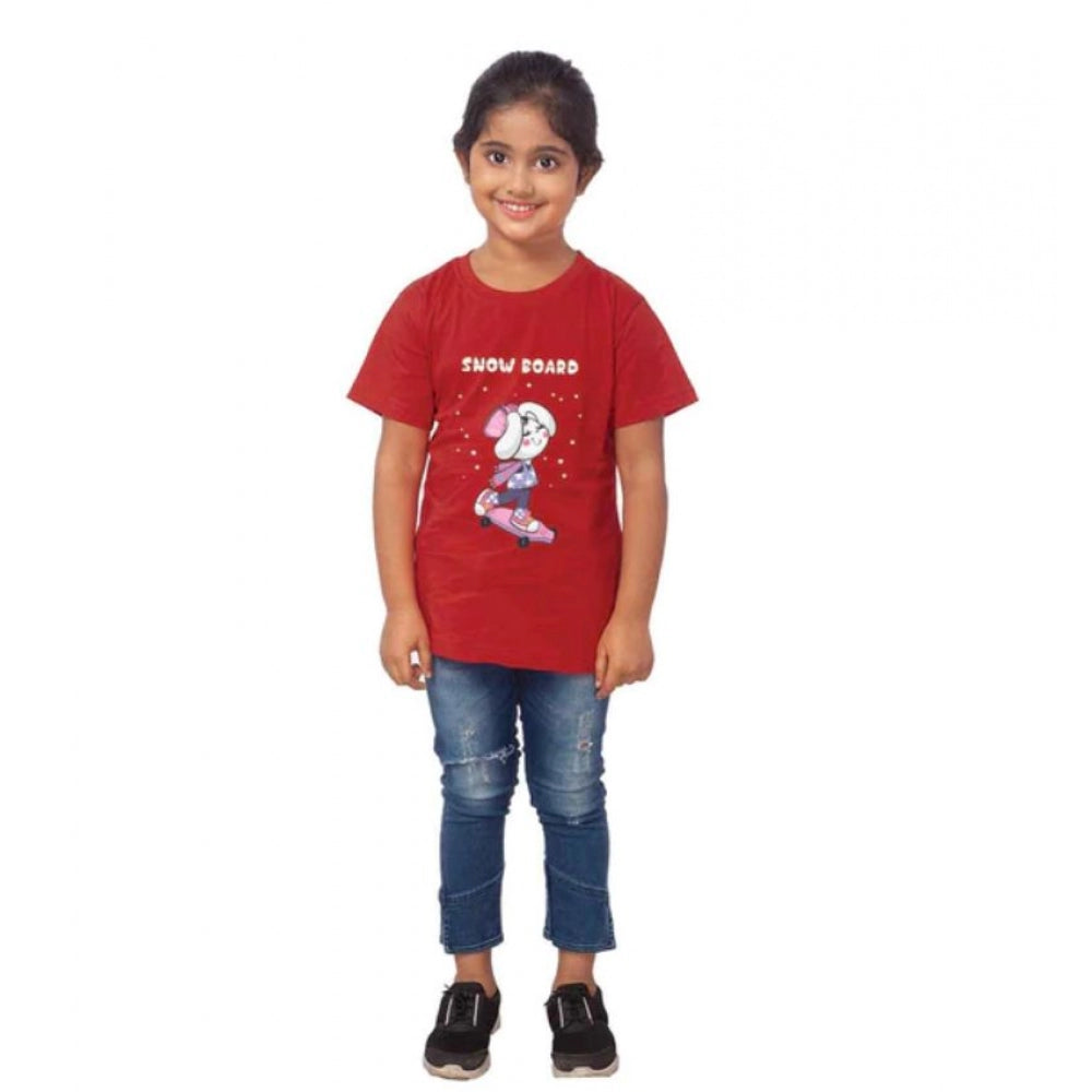 Clasymist Girls Cotton Snow Board Half Sleeve TShirt (Maroon)