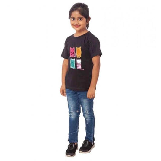 Clasymist Girls Cotton Cat Half Sleeve TShirt (Black)