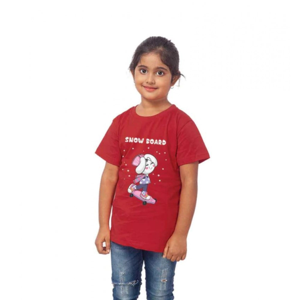 Clasymist Girls Cotton Snow Board Half Sleeve TShirt (Maroon)