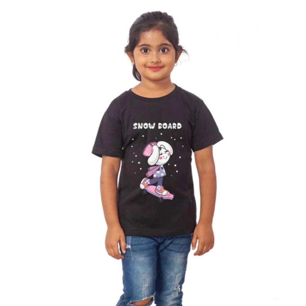 Clasymist Girls Cotton Snow Board Half Sleeve TShirt (Black)