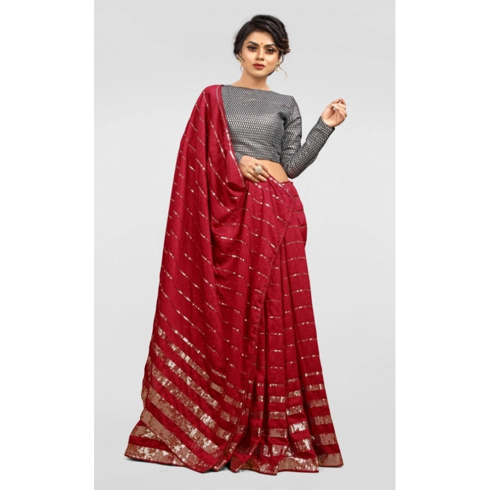 Clasymist Women's Vichitra Saree with Blouse (Red, 5-6 Mtrs)