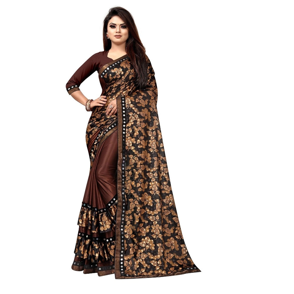 Clasymist Women's Lycra Blend Saree with Blouse (Coffee, 5-6 Mtrs)