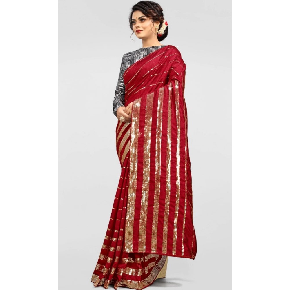 Clasymist Women's Vichitra Saree with Blouse (Red, 5-6 Mtrs)