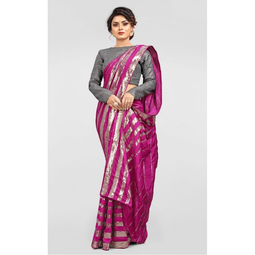 Clasymist Women's Vichitra Saree with Blouse (Pink, 5-6 Mtrs)