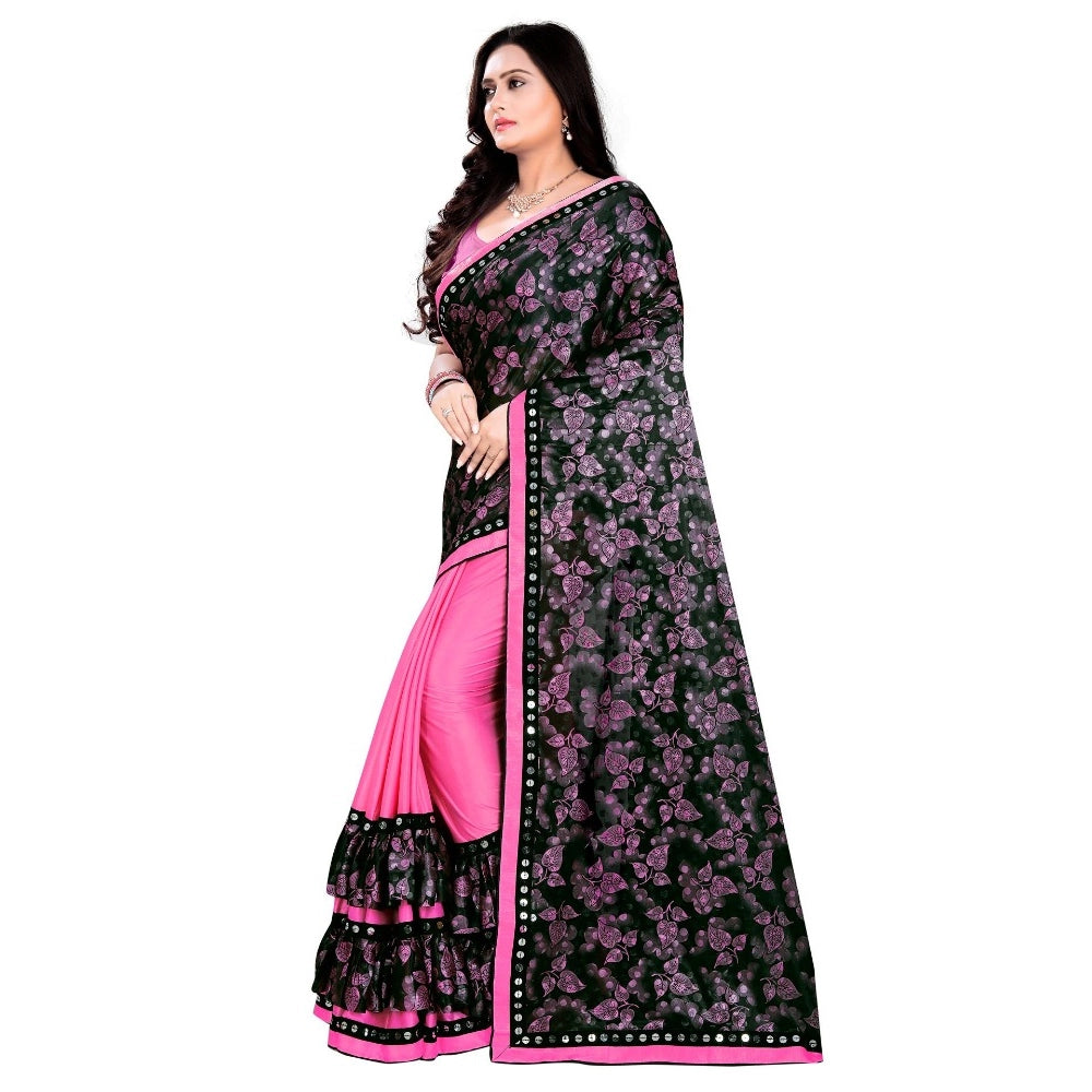 Clasymist Women's Lycra Blend Saree with Blouse (Pink, 5-6 Mtrs)