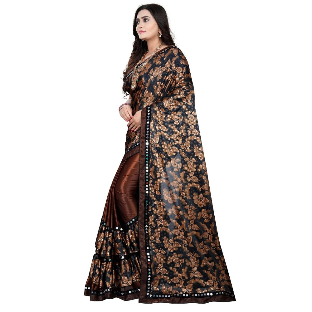 Clasymist Women's Lycra Blend Saree with Blouse (Coffee, 5-6 Mtrs)