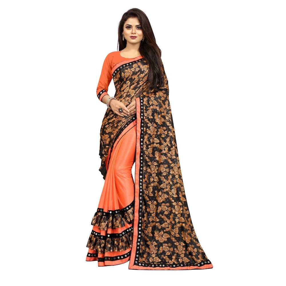 Clasymist Women's Lycra Blend Saree with Blouse (Orange, 5-6 Mtrs)