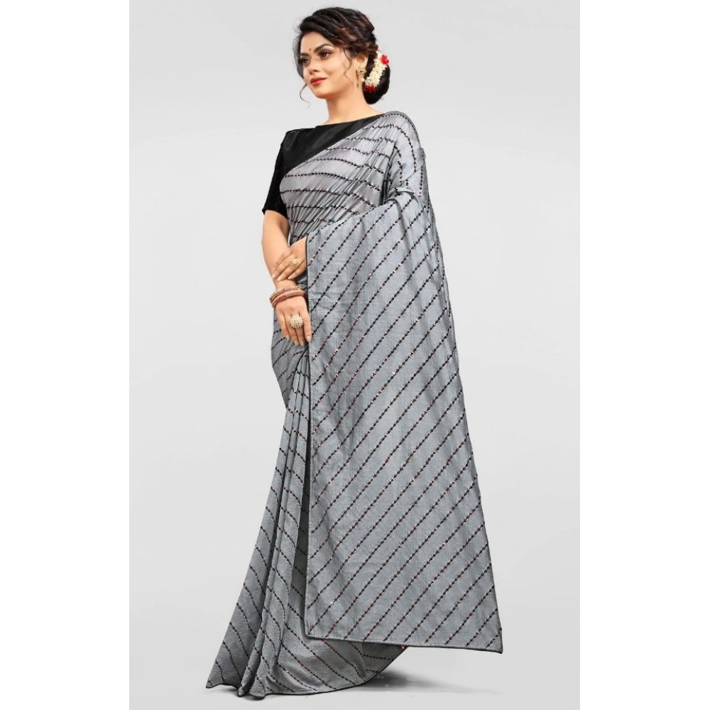 Clasymist Women's Vichitra Saree with Blouse (Grey, 5-6 Mtrs)