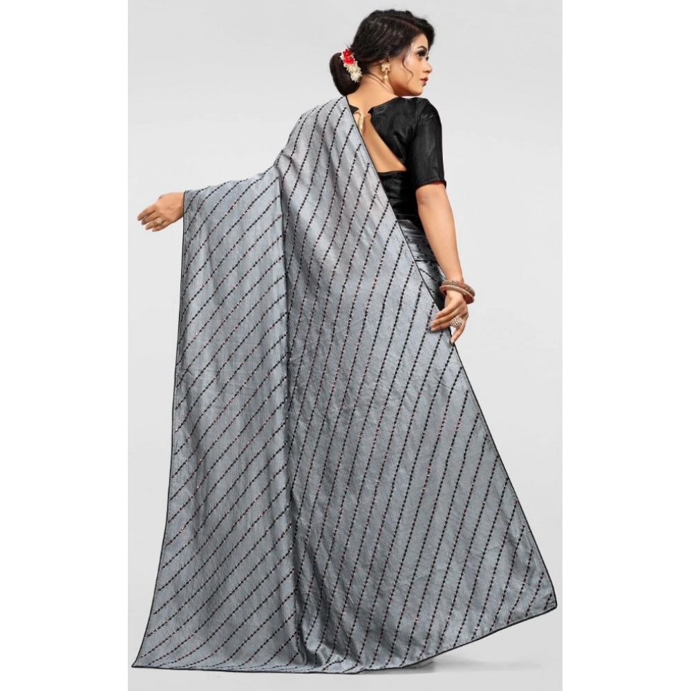 Clasymist Women's Vichitra Saree with Blouse (Grey, 5-6 Mtrs)