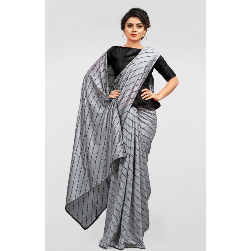 Clasymist Women's Vichitra Saree with Blouse (Grey, 5-6 Mtrs)