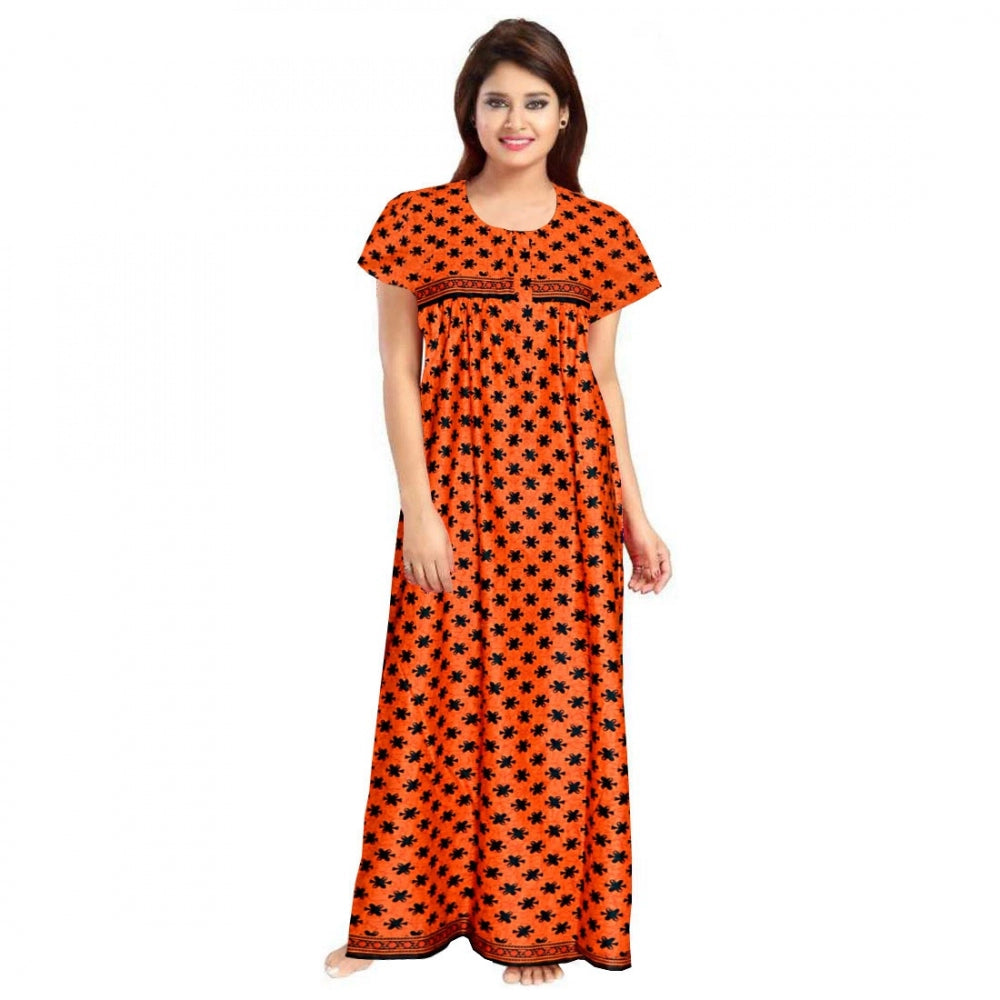 Clasymist Women's Cotton Printed Maxi Nighty (Orange)